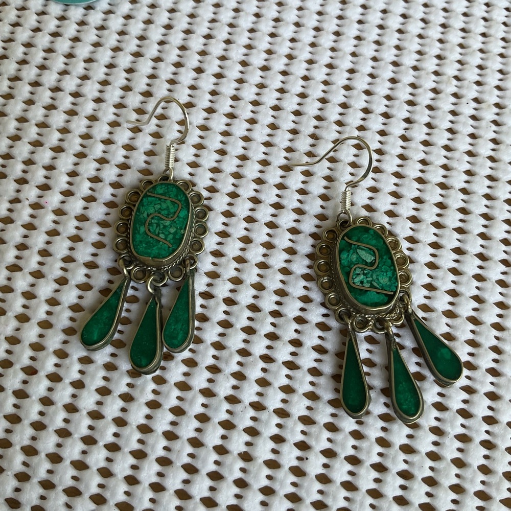 Elegant Silver and Green Dangle Earrings Alpaca Mexico